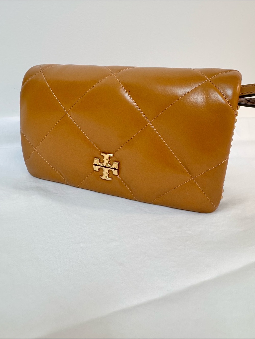 Tory Burch Quilted Leather Crossbody in Camel Brown with Gold Logo